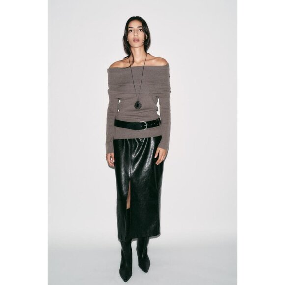 ZARA FAUX LEATHER MIDI SKIRT - Picture 2 of 10